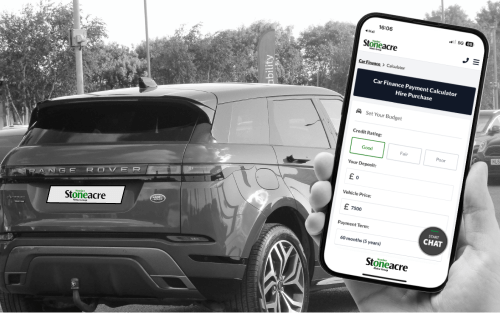 A Range Rover Evoque and a phone showing a calculator; How does our HP car finance calculator work image
