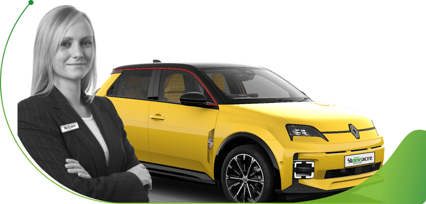 A sales person besides a yellow Renault 5; Can I get guaranteed car finance in the UK image