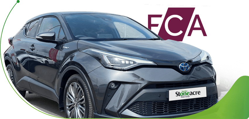 A grey Toyota C-HR and the FCA logo; Stoneacre and the FCA image