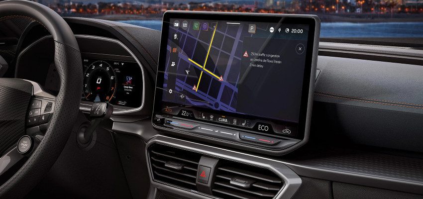 An EV's screen shows a route to a destination; EV route planning image