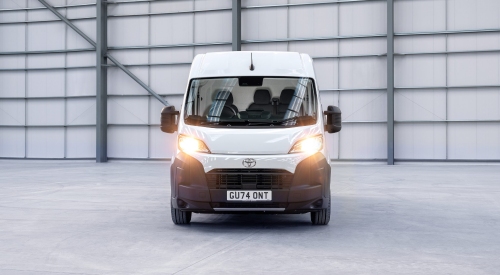 Proace Max for Sale The new Toyota Proace Max for sale, headlights on in a warehouse.