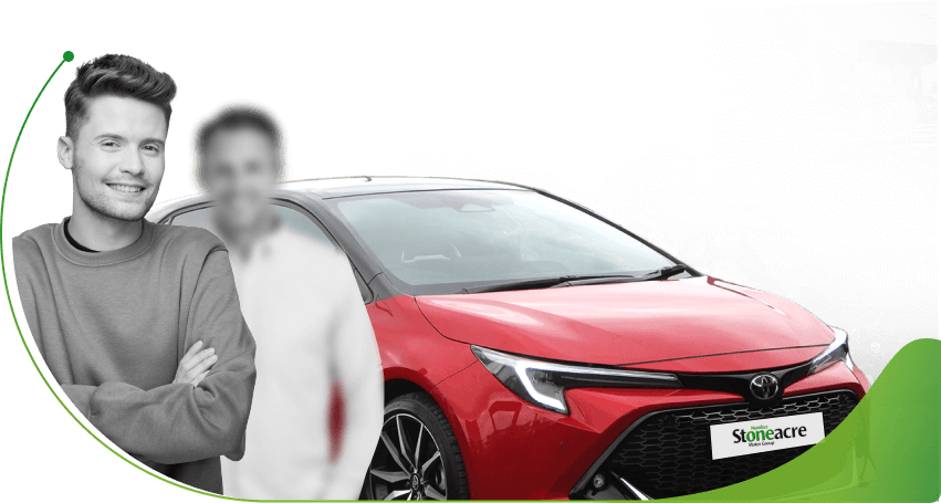 Two men stand in front of a red Toyota Corolla; Joint Applications image
