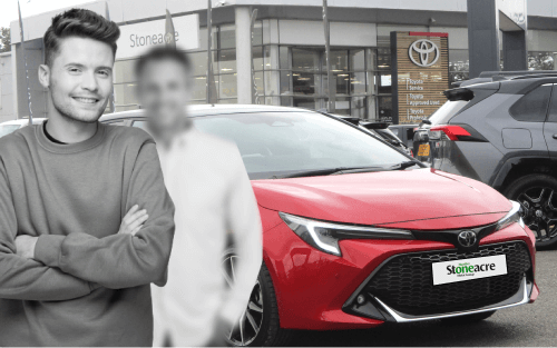 Two men stand in front of a red Toyota Corolla; Joint Applications image