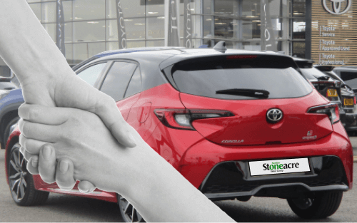 A handshake and a red Toyota Corolla; Our Second-Hand Car Finance Lenders image