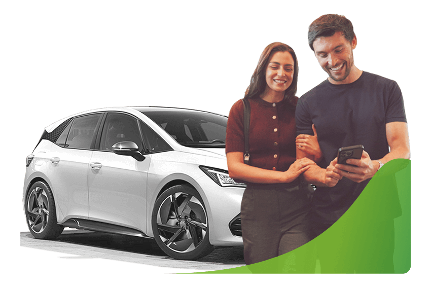 A couple look at a phone in front of a white car; bad credit car finance specialists image.