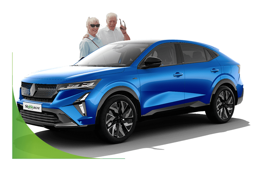 An older couple look over a blue Renault Rafale; Joint application for bad credit image.