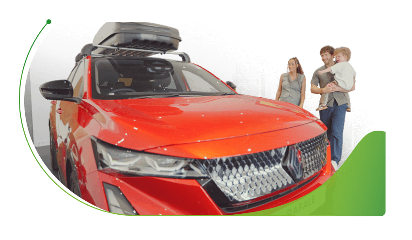 A family stands by a red Renault; Car Finance on Benefits image