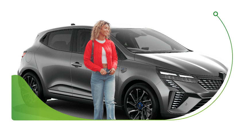 A woman stands in front of a grey Renault Clio; Car finance for people on benefits with bad credit image