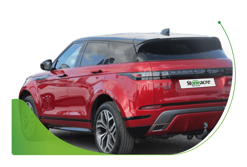 The rear 3/4 view of a red Range Rover Evoque; Stoneacre's Hire Purchase Calculator image