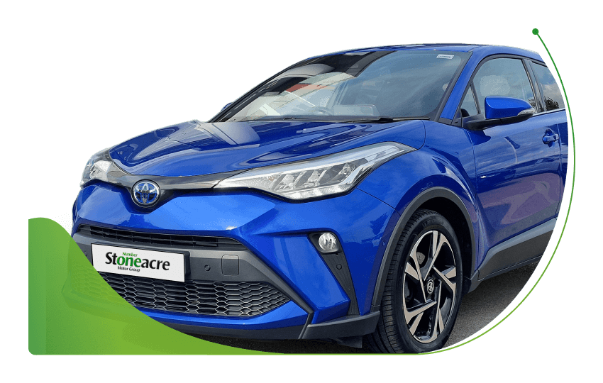 The front profile of a blue Toyota C-HR; Black Box Car Finance Lenders image