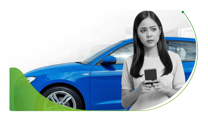 A woman in front of a blue Audi A3; What is a poor credit score image