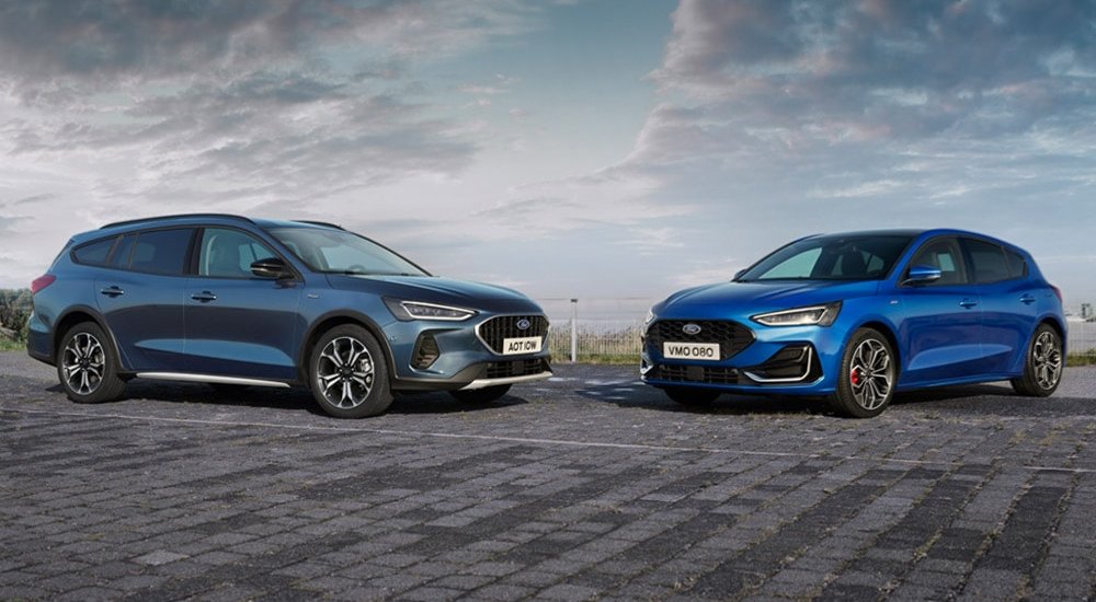 New Ford Focus Estate on the left and new Ford Focus on the right.