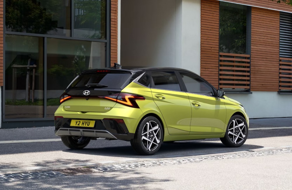 Rear view of a parked Hyundai i20 car Rear view of a parked Hyundai i20 car