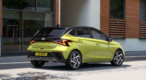 Rear view of a parked Hyundai i20 car Rear view of a parked Hyundai i20 car