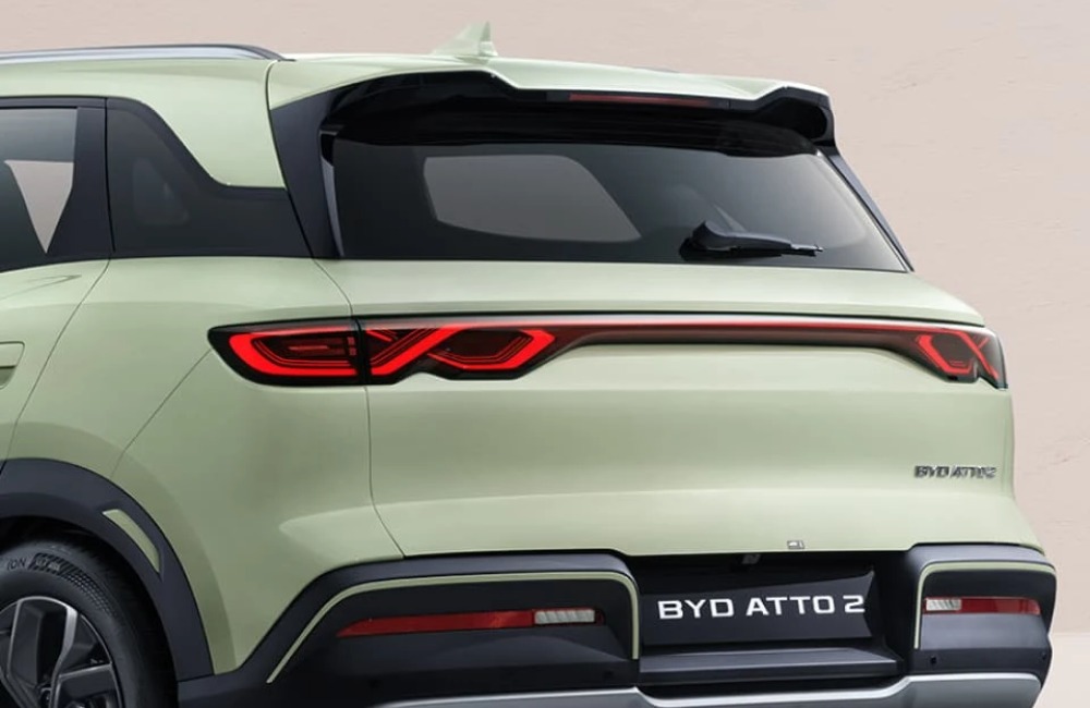 Rear end of a new BYD ATTO 2, showing the tailgate and unique lighting