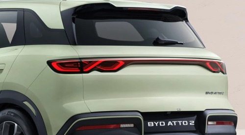 Rear end of a new BYD ATTO 2, showing the tailgate and unique lighting