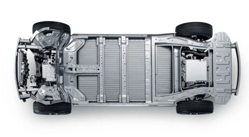 A top-down view of the new BYD ATTO 2, showing the cars frame and powertrain, including battery system