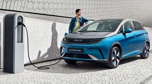 Person stood next to their parked BYD DOLPHIN, waiting for it to charge at a public charging point.