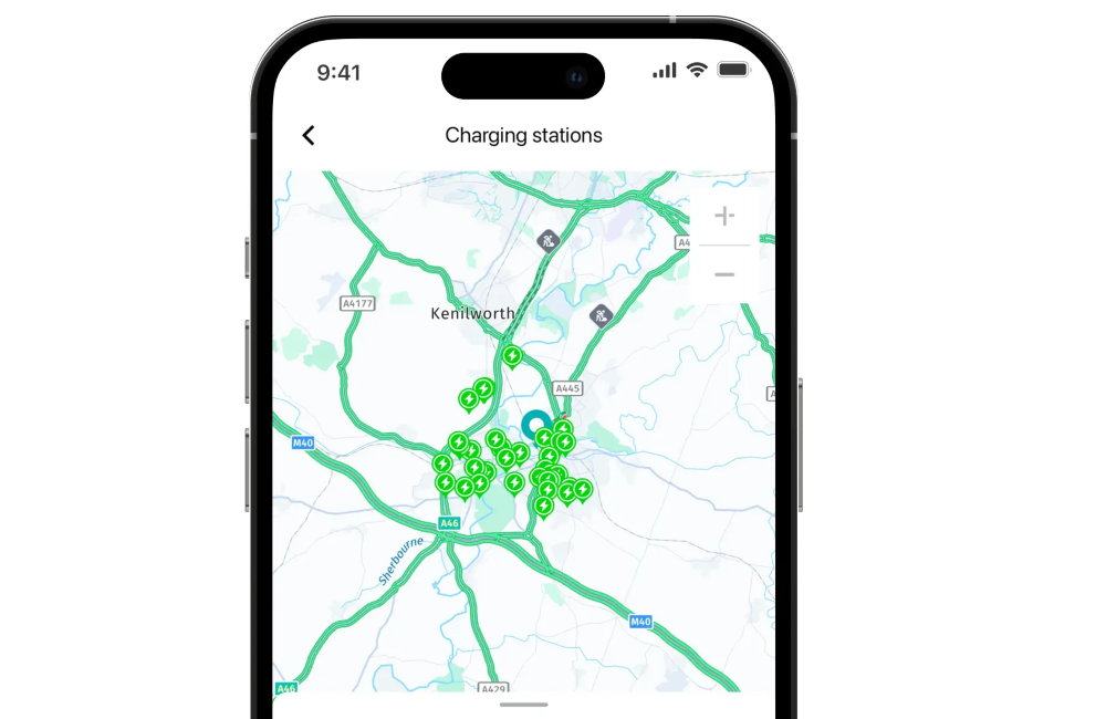 The OMODA App, showing available public charging stations around the user's vehicle