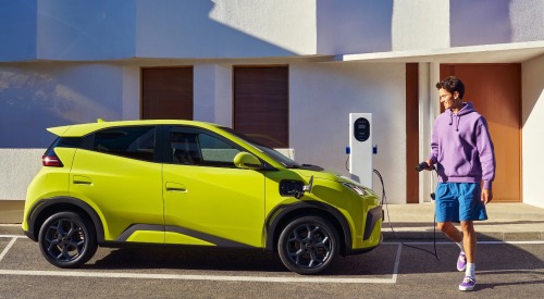 Person holding public charger in prep to plug in their used BYD car, which is parked within a bay next to the charger.