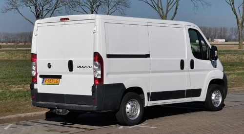 Rear view of a white Fiat Ducato Panel Van