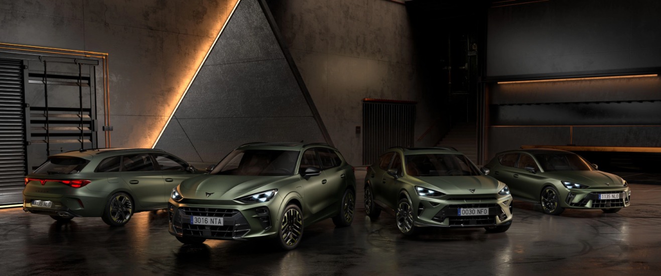 CUPRA Tribe edition models lined up with an aesthetic background. The models include the Formentor, Terramar, Leon, and Leon Estate.