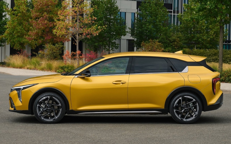 The Kia K4 side view in Sparkling Yellow; The Kia K4 on the Motability Scheme