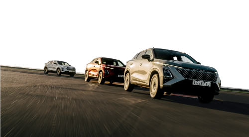 Three OMODA cars driving at speed down tarmac.