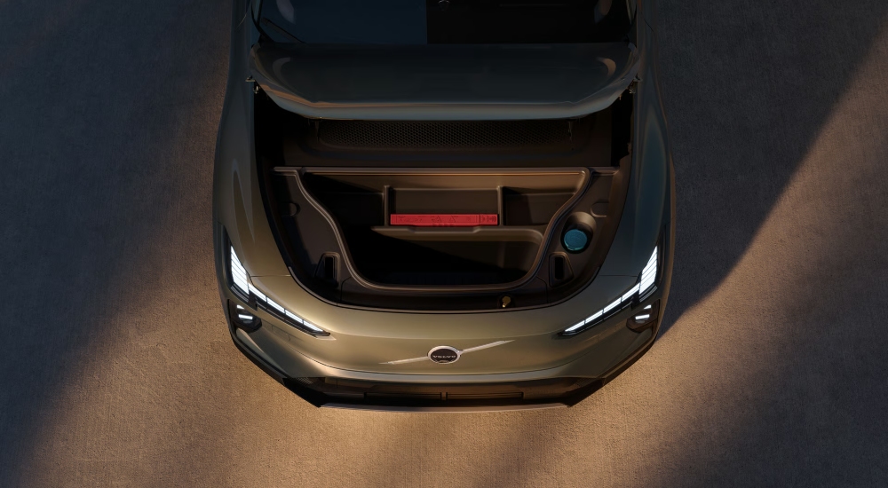 Top view of the Volvo EX60 in Forest Lake with the front storage compartment open.