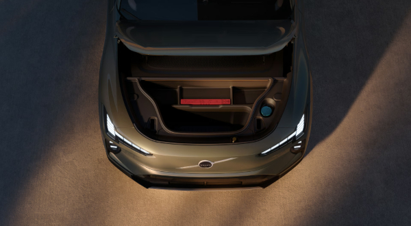 Top view of the Volvo EX60 in Forest Lake with the front storage compartment open.